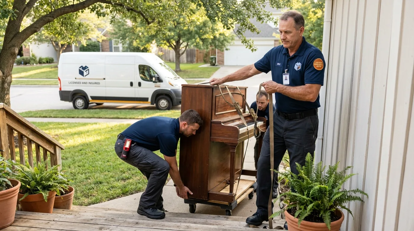 Licensed piano movers securing grand piano in Lancaster, NY