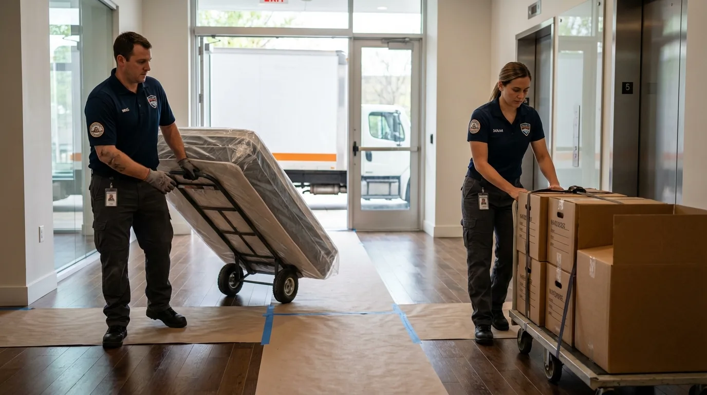 Professional apartment movers loading elevator in Lancaster, NY