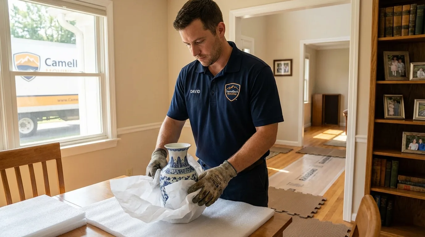 Professional crew carefully wrapping antique vase for senior downsizing move in Lancaster, NY